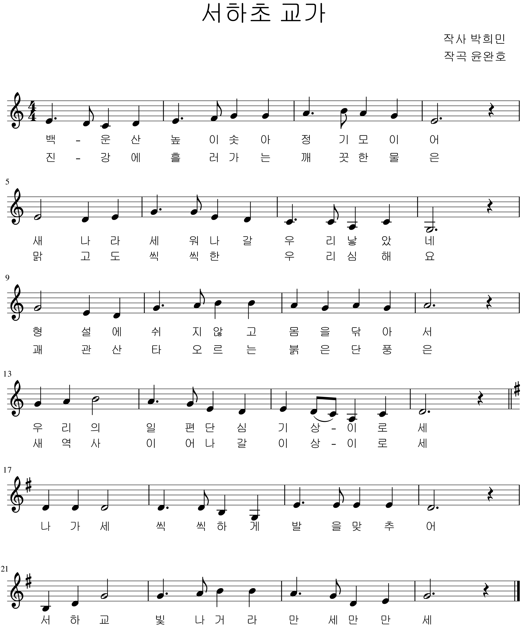 1절
백운산 높이솟아 정기 모이어
새나라 세워나갈 우리 낳았네 
형설에 쉬지 않고 몸을 닦아서 
우리의 일편단심 기상이로세 
나가세 씩씩하게 발을 맞추어
서하교 빛나거라 만세 만만세

2절
진강에 흘러가는 깨끗한 물은
맑고도 씩씩한 우리 심해요 
괘관산 타오르는 붉은 단풍은 
새역사 이어나갈 이상이로세 
나가세 씩씩하게 발을 맞추어
서하교 빛나거라 만세 만만세